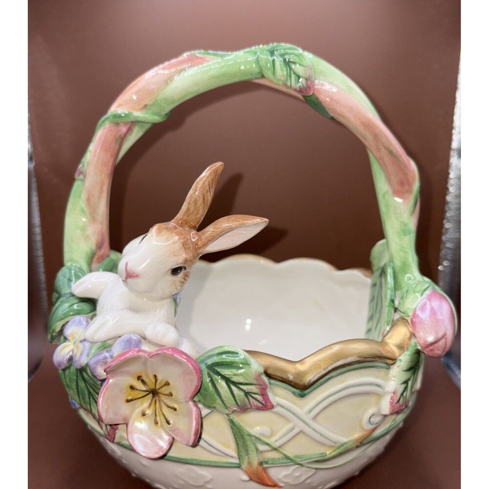 Vintage & RETIRED Fitz and Floyd "Garden Rhapsody" Bunny Rabbit Ceramic Basket